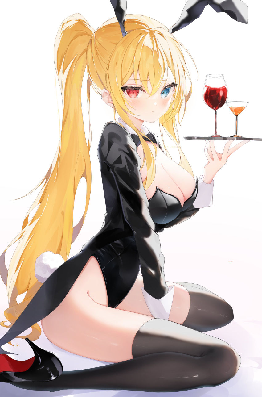 absurdres alcohol animal_ears black_bow black_bowtie black_footwear black_leotard black_thighhighs blonde_hair blue_eyes blush bow bowtie breasts cleavage commentary commission cup detached_collar drinking_glass fake_animal_ears female heterochromia high_heels highres large_breasts leotard long_hair okomeillust original playboy_bunny ponytail rabbit_ears rabbit_tail red_eyes sitting skeb_commission sleeve_cuffs solo strapless strapless_leotard tail thighhighs very_long_hair wariza wine wine_glass