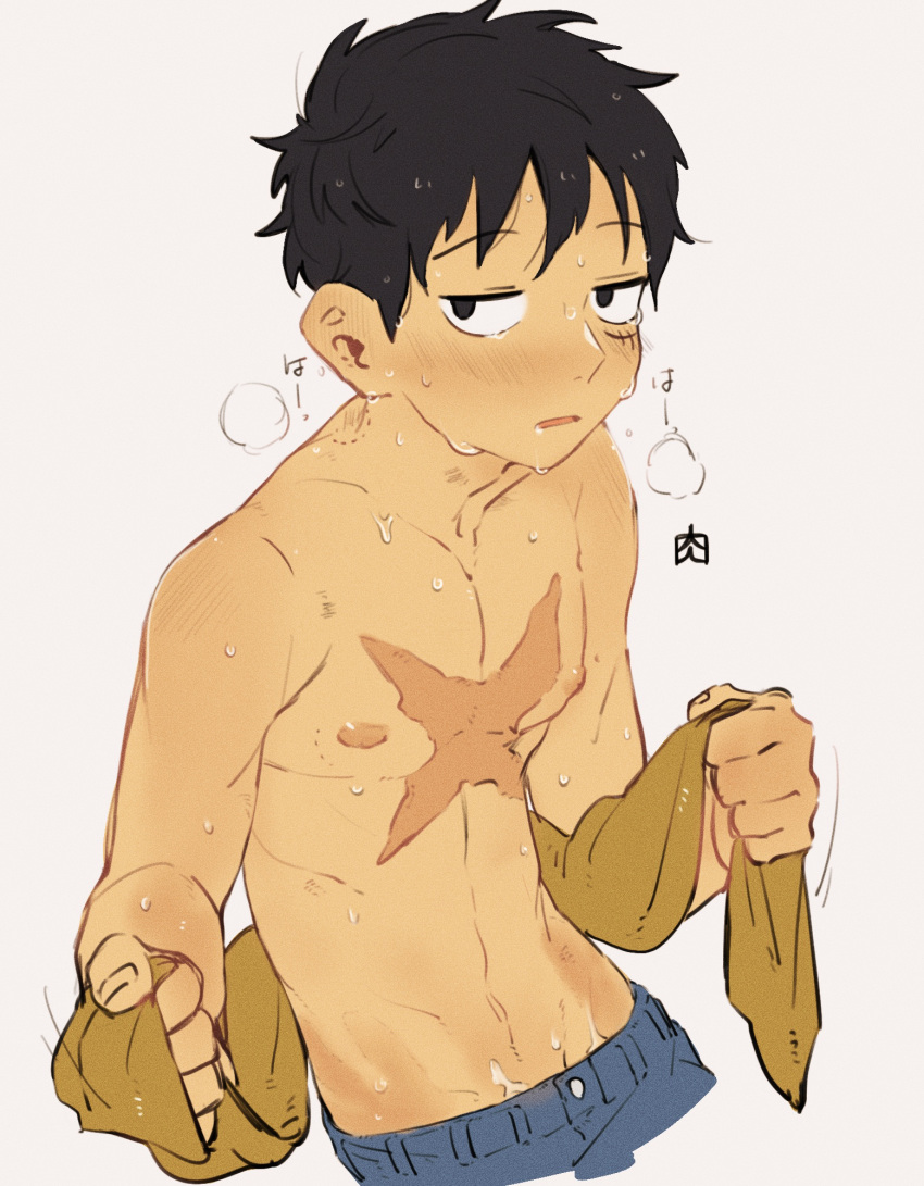 1boy akr29 bite_mark bite_mark_on_neck black_eyes black_hair blush commentary_request cropped_legs drying drying_body grey_background half-closed_eyes handprint highres holding holding_towel looking_at_viewer male_focus monkey_d._luffy nipples one_piece parted_lips puff_of_air scar scar_on_cheek scar_on_chest scar_on_face short_hair simple_background solo topless_male towel translated wet wet_hair