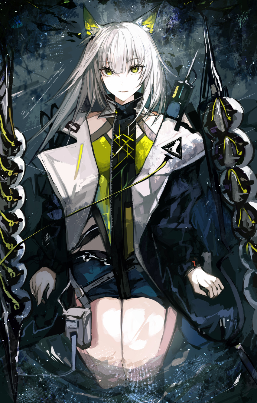 absurdres animal_ear_fluff animal_ears arknights black_jacket black_shorts cat_ears closed_mouth female green_eyes grey_hair highres jacket kal'tsit_(arknights) kal'tsit_(remnant)_(arknights) kneeling long_hair long_sleeves looking_at_viewer official_alternate_costume open_clothes open_jacket rhodes_island_logo_(arknights) shorts solo yuki_flourish