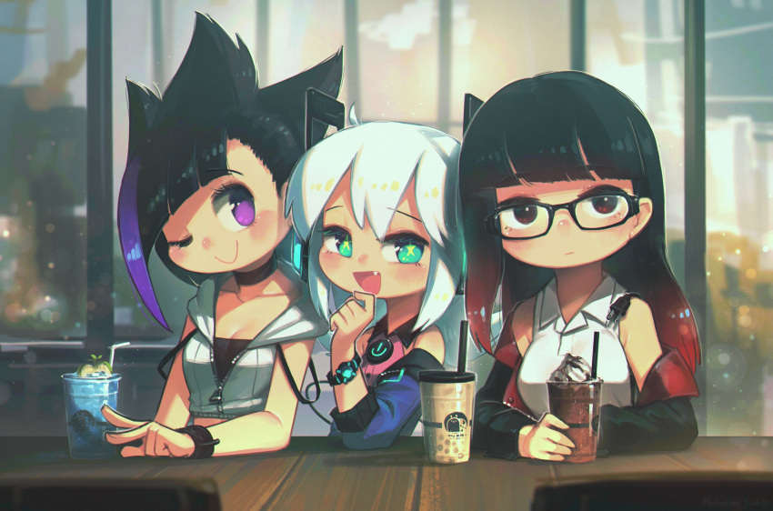 3girls :d :| ;) aqua_eyes black-framed_eyewear black_choker black_hair blunt_bangs borrowed_character breasts brown_eyes bubble_tea choker cleavage closed_mouth collarbone commentary cropped_jacket cup digitan_(porforever) disposable_cup dot_(reze_(rewindze)) electric_plug english_commentary glasses gradient_hair hand_on_own_chin highres indoors long_hair looking_at_viewer medium_breasts multicolored_hair multiple_girls off_shoulder one_eye_closed open_mouth original porforever purple_eyes purple_hair red_hair robot_ears shirt sirena_(tostantan) sleeveless sleeveless_shirt smile star-shaped_pupils star_(symbol) streaked_hair symbol-shaped_pupils table two-tone_hair w watch white_hair window wristwatch