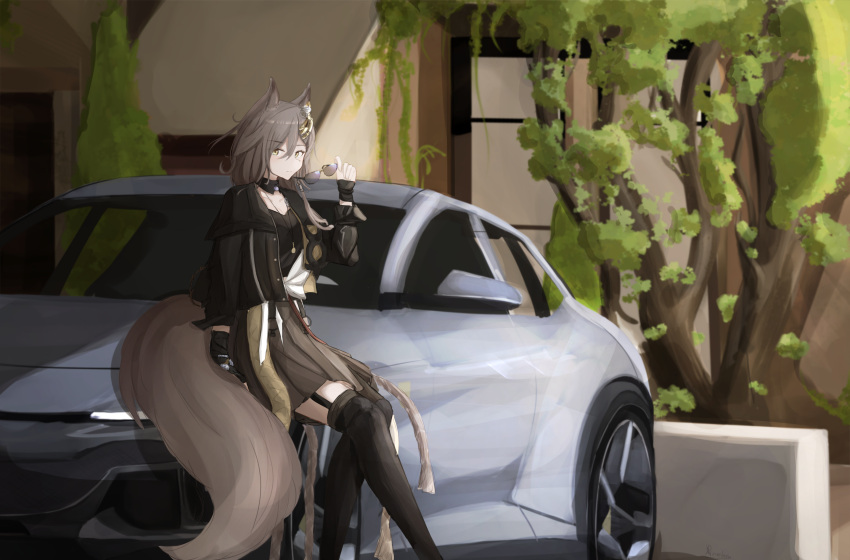 ambience_synesthesia animal_ears arknights black_gloves black_shirt black_thighhighs brown_hair brown_skirt brown_tail car closed_mouth collarbone day detached_collar eyes_visible_through_hair female ferrari ferrari_purosangue gloves hair_between_eyes high-waist_skirt highres holding holding_removed_eyewear jewelry long_hair long_sleeves looking_at_viewer motor_vehicle necklace official_alternate_costume outdoors penance_(arknights) plant shirt sitting skirt solo split_mouth sunglasses tail thighhighs unworn_eyewear vincentime wolf_ears wolf_girl wolf_tail yellow_eyes zettai_ryouiki