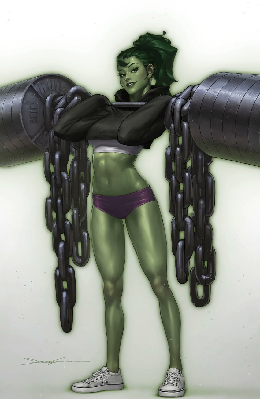 bare_legs black_hoodie breasts chains colored_skin crop_top cropped_hoodie exercising eyelashes female full_body green_eyes green_hair green_lips green_skin grin gym_shorts hands_up high_ponytail highres hood hood_down hoodie jee-hyung_lee jennifer_walters linea_alba long_hair long_sleeves looking_at_viewer marvel micro_shorts midriff muscular muscular_female navel nose parted_lips ponytail purple_shorts she-hulk shoes shorts sleeves_past_wrists smile sneakers standing superhero_costume thighs weightlifting weights white_footwear