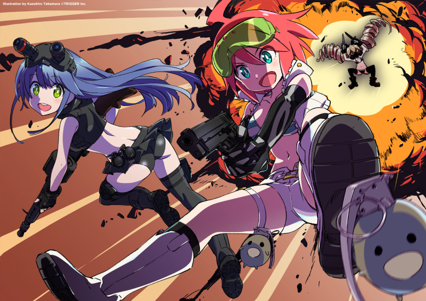 3girls bikini bikini_top_only black_footwear black_legwear blonde_hair blue_hair boots bright_pupils crop_top cropped_vest drill_hair explosion explosive frag gas_mask green_eyes grenade jumping knee_boots long_hair mask miniskirt multiple_girls muzzle_(trigger) night_vision_device official_art safety_glasses shorts skeleton_print skirt smile spring_(trigger) striped_bikini striped_clothes swimsuit takamura_kazuhiro thigh_strap thighhighs trigger-chan trigger_(company) triggertop twin_drills vest watermark white_footwear white_shorts