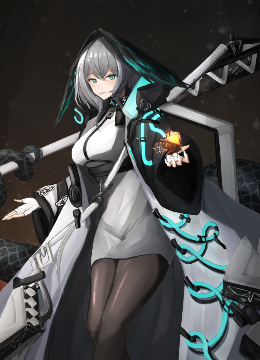 :p aqua_eyes arknights belt black_pantyhose breasts closed_mouth coat dress feet_out_of_frame female fingerless_gloves gloves grey_hair head_wings highres ho'olheyak_(arknights) large_breasts light_particles long_hair long_sleeves long_tail looking_at_viewer open_clothes open_coat pantyhose prehensile_tail smile solo standing tail tongue tongue_out vincentime white_coat white_dress white_gloves wide_sleeves wings