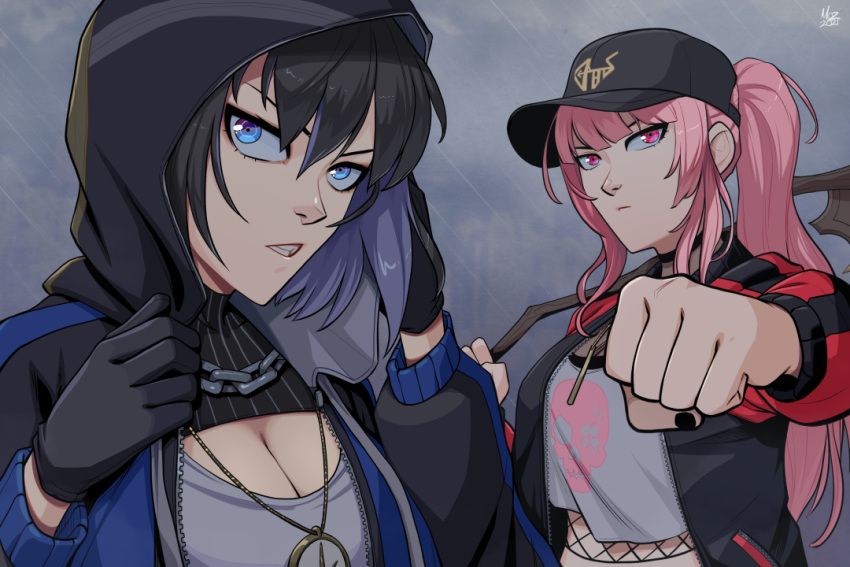 2girls adapted_costume baseball_cap black_nails blue_eyes blue_hair chains cleavage_cutout clothing_cutout crop_top fishnets gloves hair_intakes hat holding holding_scythe hololive hololive_english hood hooded_jacket jacket mori_calliope mori_calliope_(streetwear) multiple_girls mx._moz ouro_kronii ouro_kronii_(1st_costume) pink_hair ponytail red_eyes scythe short_hair skull_print virtual_youtuber