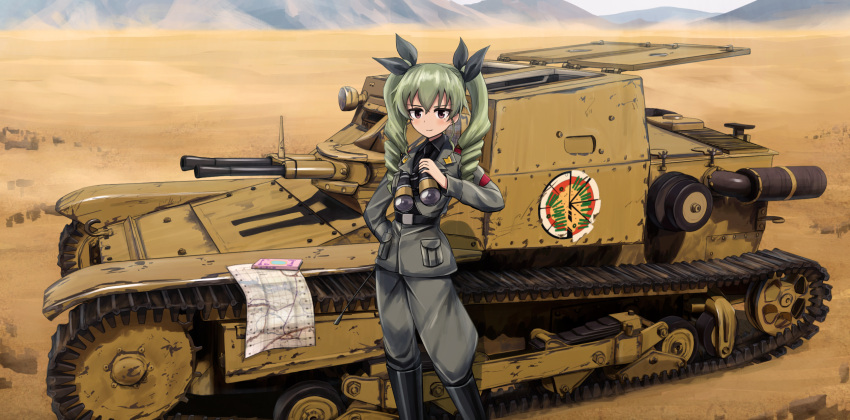 anchovy_(girls_und_panzer) anzio_(emblem) anzio_military_uniform bad_id bad_pixiv_id binoculars book breasts carro_veloce_cv-33 caterpillar_tracks day desert drill_hair emblem female girls_und_panzer green_eyes highres jodhpurs kk90 map military military_vehicle motor_vehicle necktie pants red_eyes smile solo tank twin_drills twintails