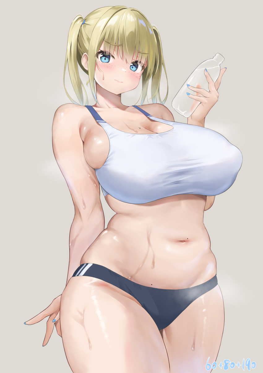 arm_behind_back aymusk black_buruma blonde_hair blue_eyes blue_nails blush bottle breasts buruma cleavage closed_mouth collarbone covered_nipples cowboy_shot curvy embarrassed female freckles freckles-chan_(aymusk) grey_background highres holding holding_bottle large_breasts medium_hair mole mole_on_breast mole_on_stomach nail_polish navel original sidelocks simple_background solo sports_bra standing stomach sweat thick_thighs thighs water_bottle white_sports_bra