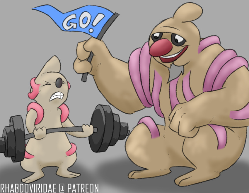 clenched_teeth conditional_dnp conkeldurr digital_drawing_(artwork) digital_media_(artwork) duo exercise generation_5_pokemon hi_res nintendo pokemon pokemon_(species) simple_background teeth timburr weightlifting weights wolftacos workout