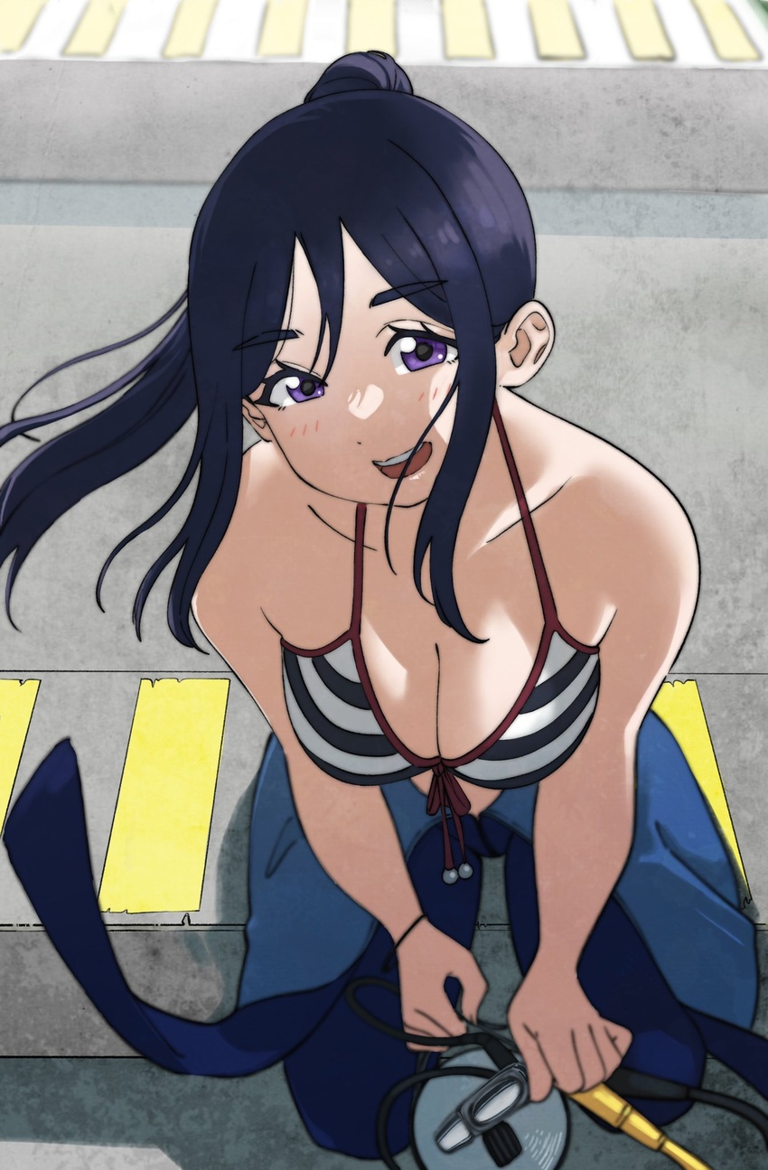 :d bare_shoulders bikini bikini_top_only black_bikini blue_hair blush bodysuit breasts cleavage diving_suit dunchy female highres kneeling large_breasts looking_at_viewer love_live! love_live!_sunshine!! matsuura_kanan open_mouth ponytail purple_eyes smile solo striped_bikini striped_clothes swimsuit wetsuit