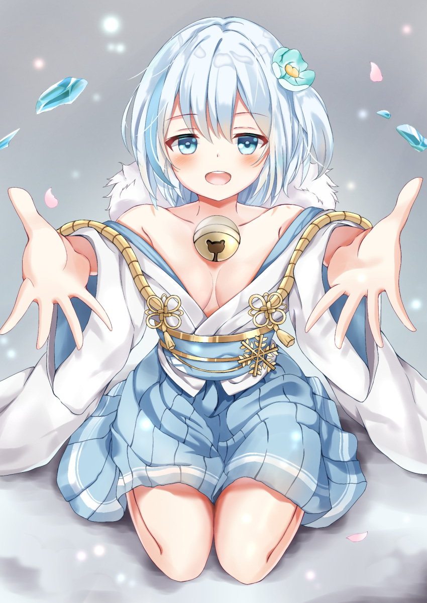 :d bare_shoulders bell blue_eyes blue_flower blue_hair blue_skirt blush breasts breasts_apart collarbone commentary_request falling_petals female flower flower_knot fur_collar gold_trim grey_background hair_between_eyes hair_flower hair_ornament highres icicle incoming_hug japanese_clothes jingle_bell kimono light_blue_hair light_particles looking_at_viewer medium_hair multicolored_hair obi off_shoulder one_side_up open_mouth outstretched_arms petals pleated_skirt sash seiza sennen_sensou_aigis sitting skirt small_breasts smile snowflake_ornament solo streaked_hair tassel white_hair white_kimono wide_sleeves yukihime_(sennen_sensou_aigis) yukino_siduku