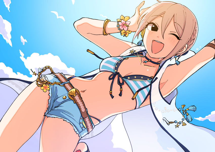 ;d absurdres arm_up backlighting belt bikini bikini_top_only black_eyes blue_sky blush bracelet braid chains cloud collarbone commentary cowboy_shot day denim denim_shorts drawstring earrings female front-tie_top grey_hair hair_between_eyes halterneck highres idolmaster idolmaster_cinderella_girls idolmaster_cinderella_girls_starlight_stage jewelry layered_bikini looking_at_viewer navel necklace niyororinpayamaru one_eye_closed open_mouth outdoors parted_bangs shiomi_syuko short_hair short_shorts shorts sky smile solo striped_bikini striped_clothes sunlight swimsuit tassel