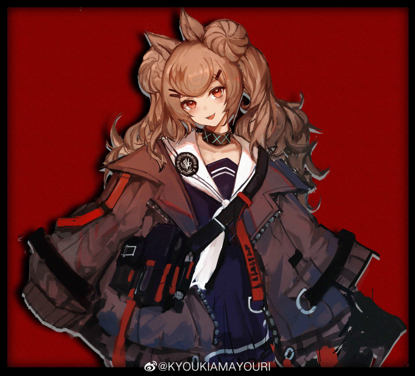 absurdres amayouri angelina_(arknights) animal_ears arknights badge black_collar blue_dress brown_jacket chinese_commentary collar commentary_request cosplay double_bun dress female fox_ears gummy_(arknights) gummy_(arknights)_(cosplay) hair_bun hair_ornament hairclip highres infection_monitor_(arknights) jacket long_hair looking_at_viewer neckerchief open_clothes open_jacket open_mouth red_background red_eyes sailor_collar sailor_dress simple_background solo upper_body white_neckerchief white_sailor_collar