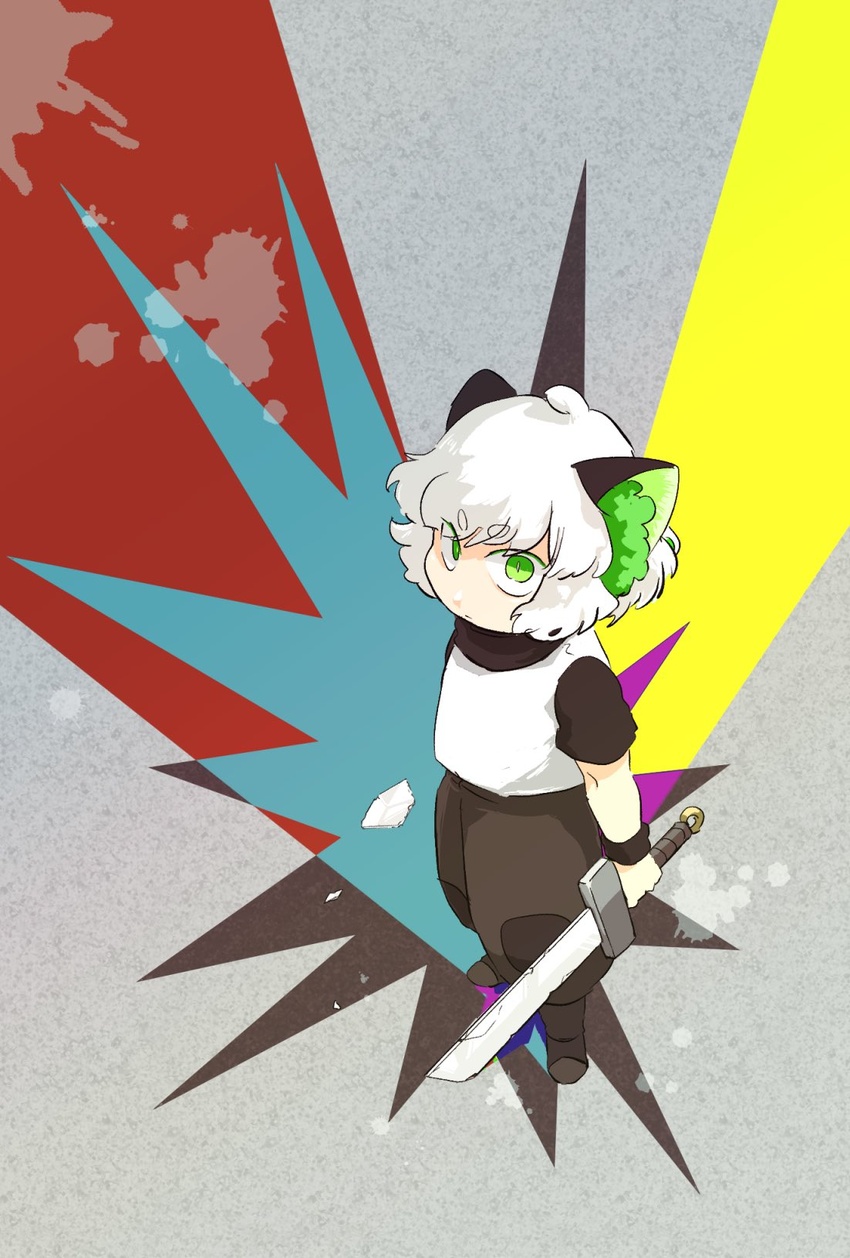 1boy abstract_background animal_ears black_pants cat_boy cat_ears green_eyes highres holding holding_sword holding_weapon looking_at_viewer luo_xiaohei luo_xiaohei_(human) luo_xiaohei_zhanji male_focus ne5zee pants shirt short_hair short_sleeves solo sword weapon white_hair white_shirt