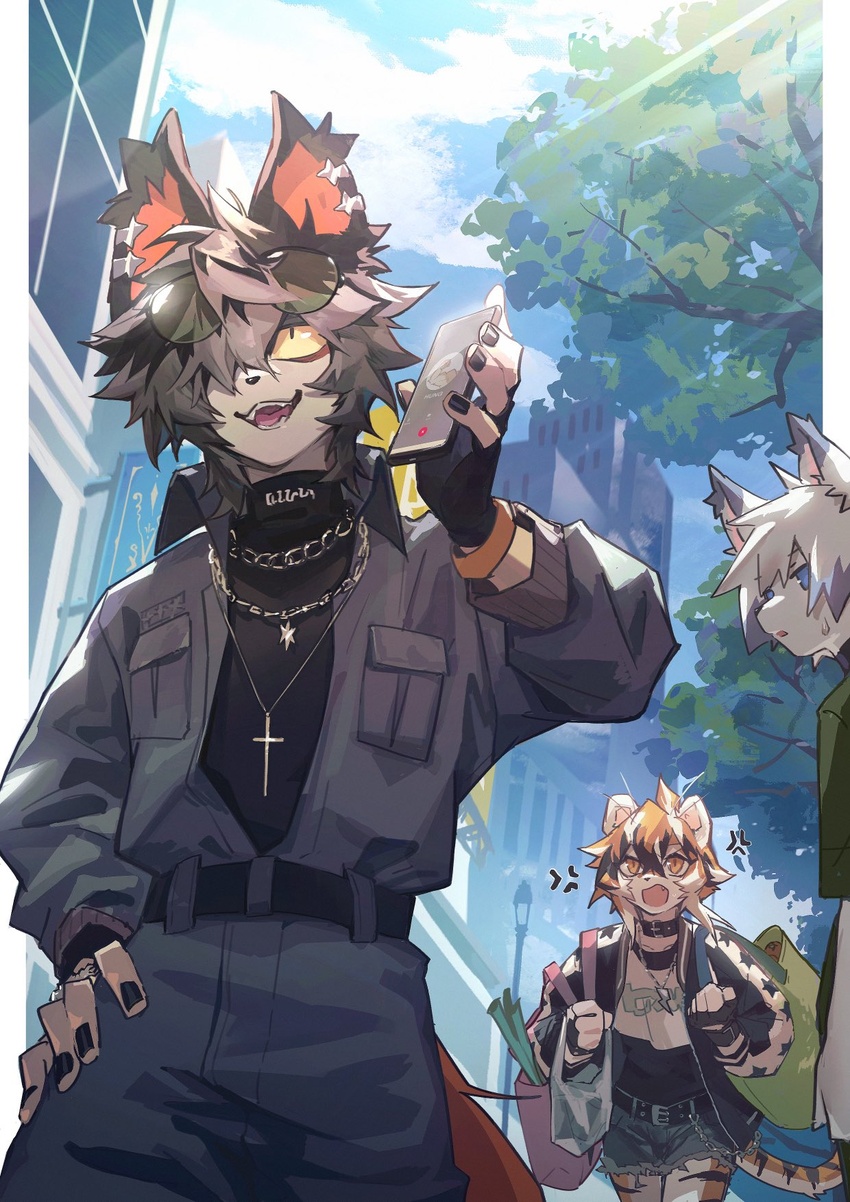 1boy aak_(arknights) angry arknights bag black_nails chinese_commentary choker city colored_sclera commentary_request cross cross_necklace day eyewear_on_head female furry furry_female furry_male highres holding holding_bag jewelry lamppost mythological_creature necklace sweatdrop talking_on_phone tiger_girl tree waai_fu_(arknights) walking xiao_(creation0528) yellow_sclera