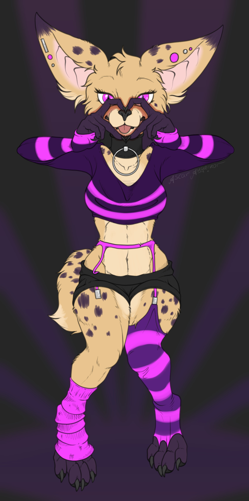 anthro ascar_angainor canid canine collar female fennec_fox fox fur hi_res mammal markings pink_eyes purple_body purple_fur simple_background solo spots spotted_markings tagme tan_body tan_fur true_fox