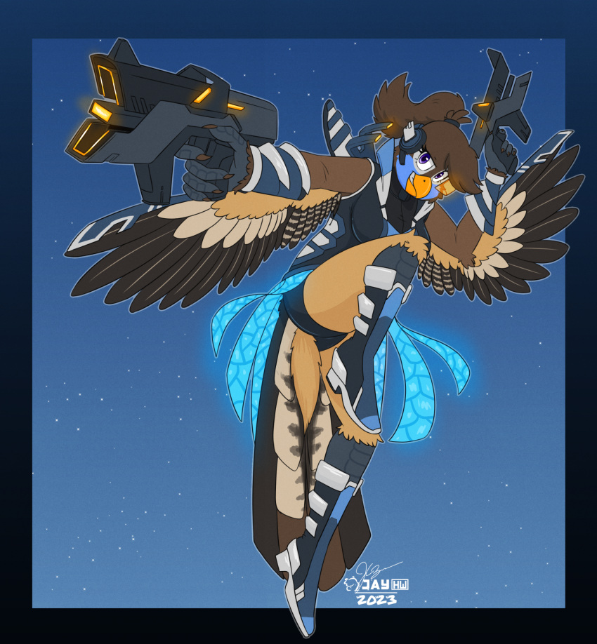 2023 5_fingers accessory action_pose anthro arm_tuft artist_logo avian beak bird black_hair_tie blue_background blue_body blue_feathers boots border brown_body brown_claws brown_feathers brown_hair cheek_tuft claws clenched_teeth clothing cosmic_background dual_wielding elbow_tuft eyebrows facial_tuft feathers female fingers footwear futuristic_clothing futuristic_gun glowing glowing_clothing gradient_border gun hair hair_accessory hair_tie headgear headwear hi_res holding_gun holding_object holding_ranged_weapon holding_weapon knee_tuft leg_tuft logo narrowed_eyes orange_beak outside_border outstretched_arm plantigrade ponytail pose purple_eyes raised_eyebrow raised_leg ranged_weapon ria_(sammfeatblueheart) sammfeatblueheart signature simple_background solo starry_background striped_feathers tail tail_feathers tan_body tan_feathers teeth trogon trogonid tuft weapon white_body white_feathers winged_arms wings wrist_tuft