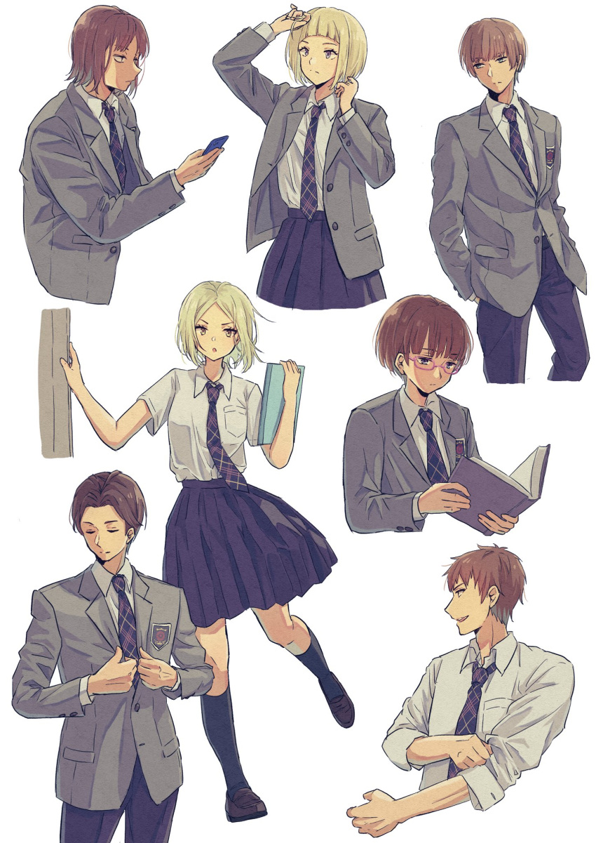 3girls 4boys adjusting_clothes adjusting_hair arafune_tetsuji black_pants black_skirt blazer blonde_hair blunt_bangs bob_cut book breast_pocket brown_hair closed_eyes collared_shirt cropped_legs glasses grey_jacket hands_up highres hiyami_aki holding holding_book holding_phone jacket kikuchihara_shirou kurauchi_kazuki kuro_n314 loafers long_sleeves looking_at_viewer looking_away medium_hair miniskirt multiple_boys multiple_girls narasaka_touru necktie outstretched_arm pants phone plaid_necktie pleated_skirt pocket profile reading red-framed_eyewear shirt shoes short_hair short_sleeves sideways_glance simple_background skirt sleeves_rolled_up somei_hana standing standing_on_one_leg white_background white_shirt world_trigger yuitsuka_karin