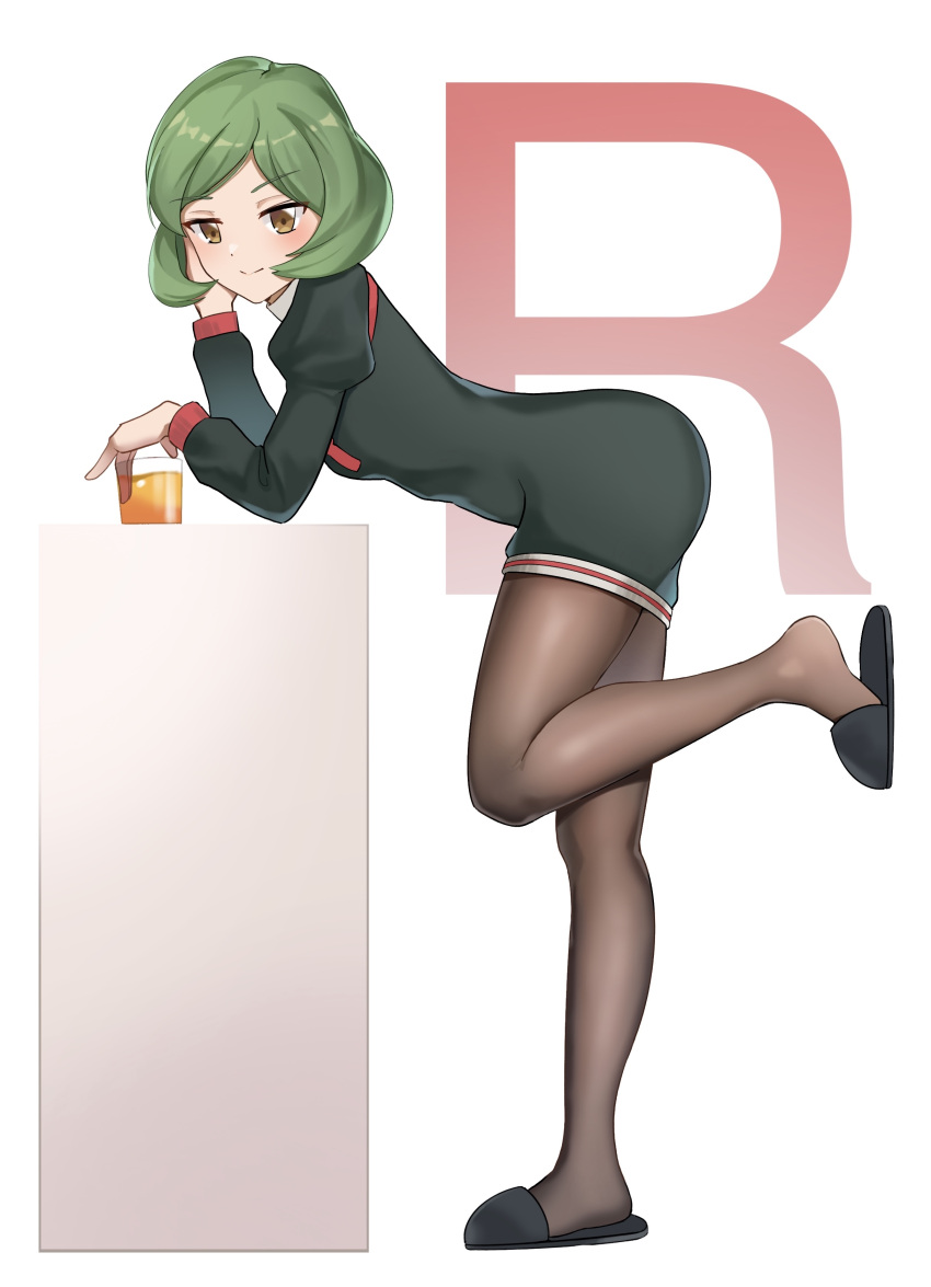 absurdres bent_over black_dress black_footwear blush bob_cut brown_eyes brown_pantyhose closed_mouth commentary_request commission cup dress female from_side full_body glass green_hair highres holding holding_cup leg_up liquid logo long_sleeves pantyhose pixiv_commission pokemon pokemon_(anime) pokemon_(classic_anime) puffy_sleeves short_hair slippers solo standing standing_on_one_leg team_rocket wendy_(pokemon) yasaidaikon