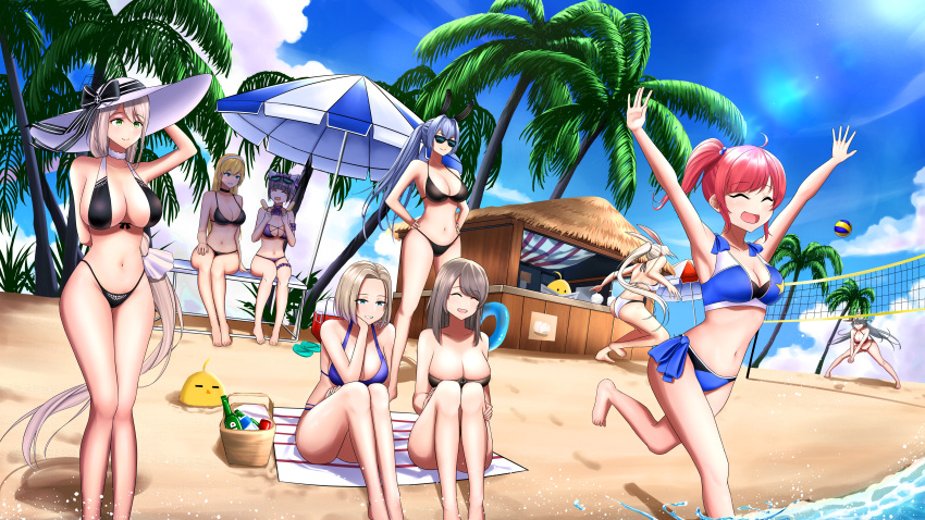 6+girls absurdres alternate_costume animal_band animal_ears aquila_(a_sip_of_sardegnian_elegance)_(azur_lane) aquila_(azur_lane) arm_garter ass azur_lane ball beach beach_umbrella beach_volleyball bikini black_bikini blonde_hair blue_eyes blue_sky bottle breasts charybdis_(azur_lane) cheshire_(azur_lane) cheshire_(summery_date!)_(azur_lane) choker closed_eyes cloud cloudy_sky day eyewear_on_head fake_animal_ears green_eyes grey_hair hakuryuu_(azur_lane) hat highleg highleg_bikini highres hiryuu_(azur_lane) huge_breasts large_breasts long_hair luxe manjuu_(azur_lane) medium_breasts multicolored_hair multiple_girls navel new_jersey_(azur_lane) new_orleans_(azur_lane) north_carolina_(azur_lane) official_alternate_costume open_mouth outdoors palm_tree picnic_basket purple_bikini purple_choker rabbit_ears red_hair running san_diego_(azur_lane) side_ponytail sitting sky spread_legs standing strapless strapless_bikini streaked_hair summer sun_hat swimsuit thatched_roof tinted_eyewear tree umbrella very_long_hair volleyball volleyball_(object) volleyball_net water white_choker white_hair white_headwear