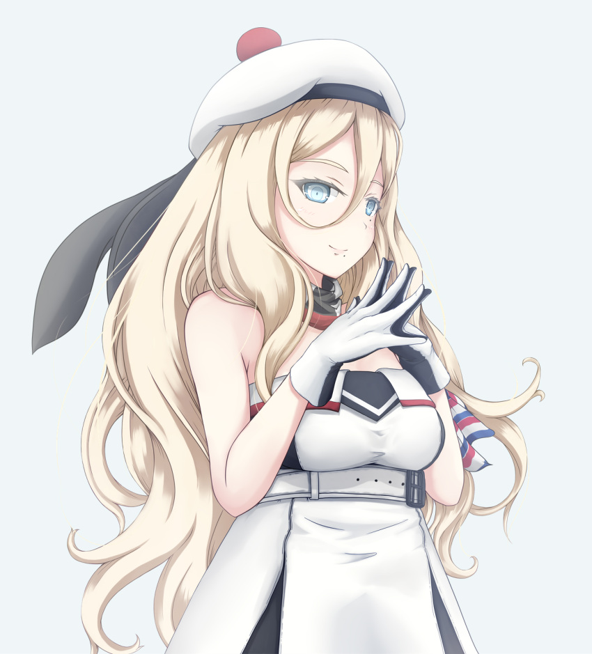 belt beret black_gloves blonde_hair blue_eyes breasts dress female gloves hair_between_eyes hat highres kantai_collection long_hair medium_breasts mole mole_under_eye mole_under_mouth multicolored_clothes multicolored_dress multicolored_gloves multicolored_scarf pom_pom_(clothes) richelieu_(kancolle) scarf solo strapless strapless_dress two-tone_dress two-tone_gloves upper_body white_belt white_gloves yakuto007