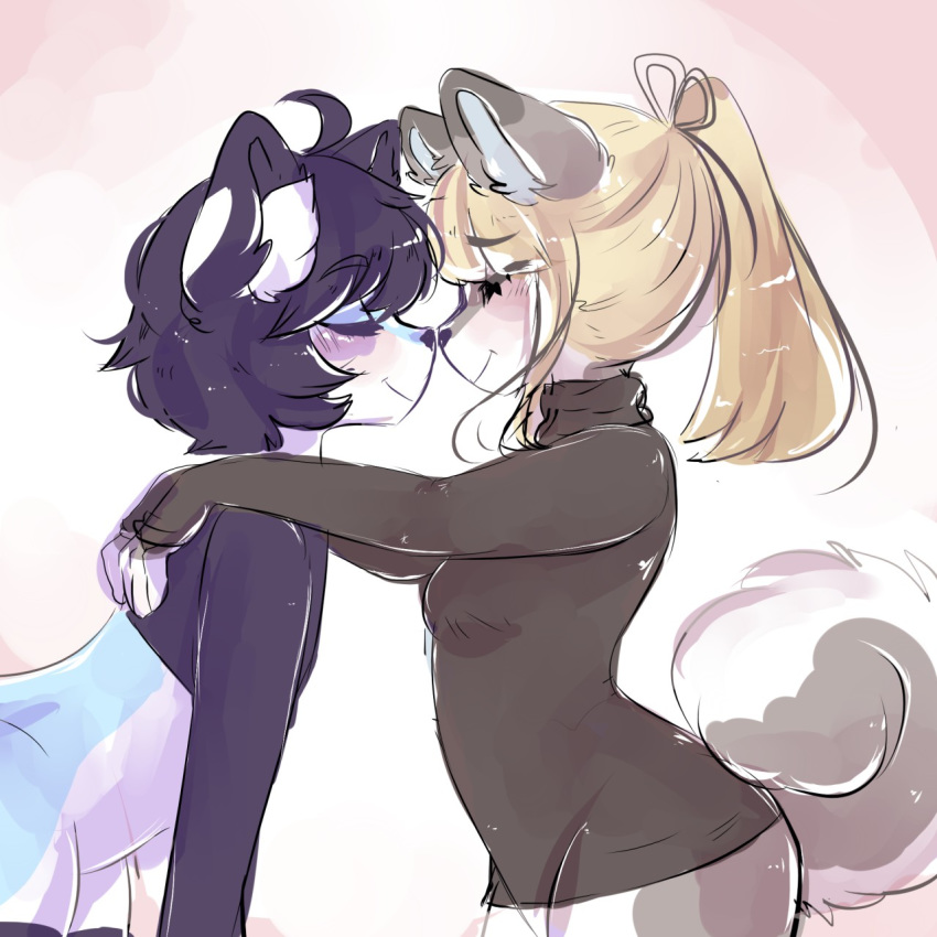 1:1 accessory ahoge alina_(anakoluth) anakoluth anthro black_hair blonde_hair blue_body blue_fur bottomless breasts canid canine canis closed_eyes clothed clothing curled_tail domestic_dog duo female femboy fox fur grey_body grey_fur hair hair_accessory hair_ribbon hi_res husky leaning leaning_forward legwear long_hair male male/female mammal multicolored_body multicolored_fur nordic_sled_dog nuzzling ponytail ribbons short_hair simple_background spitz taeonyx tail thigh_highs two_tone_body two_tone_fur white_body white_fur