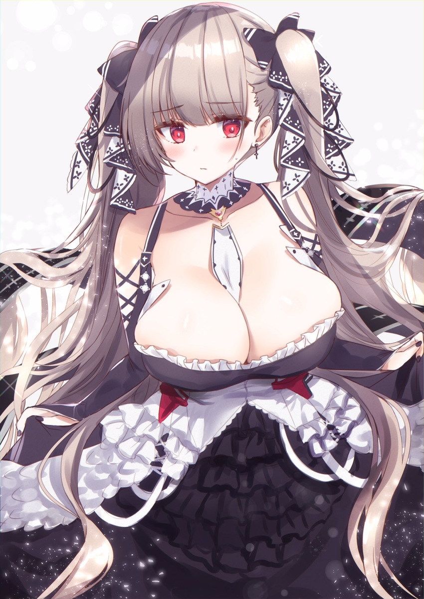 azur_lane bare_shoulders between_breasts black_dress black_nails blush breasts cleavage dress earrings female flight_deck formidable_(azur_lane) frilled_dress frills grey_hair hair_ornament hair_ribbon highres honoka_chiffon jewelry large_breasts long_hair long_sleeves looking_at_viewer red_eyes ribbon rigging solo twintails