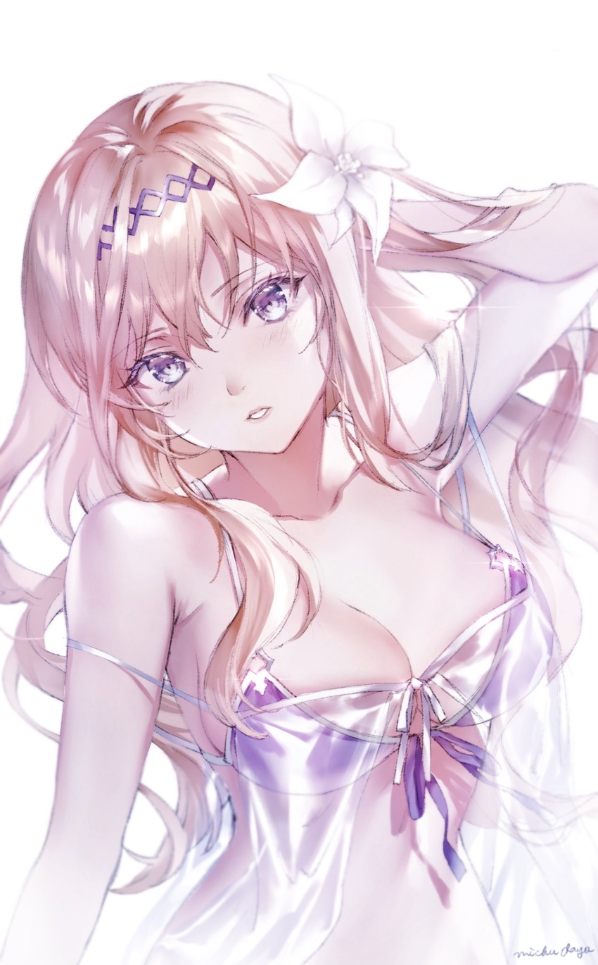 bad_id bad_twitter_id bare_shoulders bikini blonde_hair breasts collarbone commentary eyes_visible_through_hair female flower granblue_fantasy hair_between_eyes hair_flower hair_ornament hairband highres jeanne_d'arc_(granblue_fantasy) jeanne_d'arc_(summer)_(granblue_fantasy) large_breasts long_hair michudx official_alternate_costume purple_eyes signature solo swimsuit white_flower