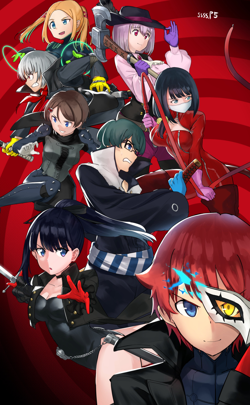 4boys 4girls amamiya_ren amamiya_ren_(cosplay) anti_(ssss.gridman) arigiep ascot axe bad_id bad_pixiv_id black_hair black_headwear blonde_hair blue_eyes blue_gloves borr brooch catsuit choker commentary_request cosplay dress_shirt fake_tail glasses gloves green_eyes green_hair gridman_universe hassu heterochromia hibiki_yuuta highres holding holding_axe holding_mask holding_sword holding_weapon holding_whip jewelry kitagawa_yuusuke kitagawa_yuusuke_(cosplay) leotard long_hair mask multiple_boys multiple_girls namiko niijima_makoto niijima_makoto_(cosplay) okumura_haru okumura_haru_(cosplay) persona persona_5 persona_5_the_royal pink_gloves pink_hair ponytail puffy_sleeves purple_gloves red_eyes red_gloves red_hair sakamoto_ryuuji sakamoto_ryuuji_(cosplay) sakura_futaba sakura_futaba_(cosplay) shinjou_akane shirt short_hair ssss.gridman sword tail takamaki_anne takamaki_anne_(cosplay) takarada_rikka twintails utsumi_shou weapon white_gloves yellow_eyes yellow_gloves yoshizawa_kasumi yoshizawa_kasumi_(cosplay)