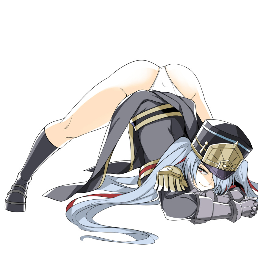 altair_(re:creators) ass dos_(james30226) female gauntlets gloves grey_hair hair_between_eyes hat highres jack-o'_challenge long_hair looking_at_viewer military military_uniform panties pose re:creators red_eyes shako_cap simple_background smile solo spread_legs top-down_bottom-up twintails underwear uniform very_long_hair white_background white_hair