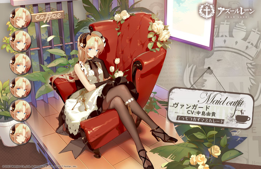 ask_(askzy) azur_lane black_gloves black_headwear blonde_hair blue_eyes bonnet dress elbow_gloves expressions female flower gloves hair_flower hair_ornament high_heels key official_art pantyhose royal_navy_emblem_(azur_lane) second-party_source sitting solo translated vanguard_(azur_lane) vanguard_(half-hearted_masquerade)_(azur_lane) white_dress white_flower