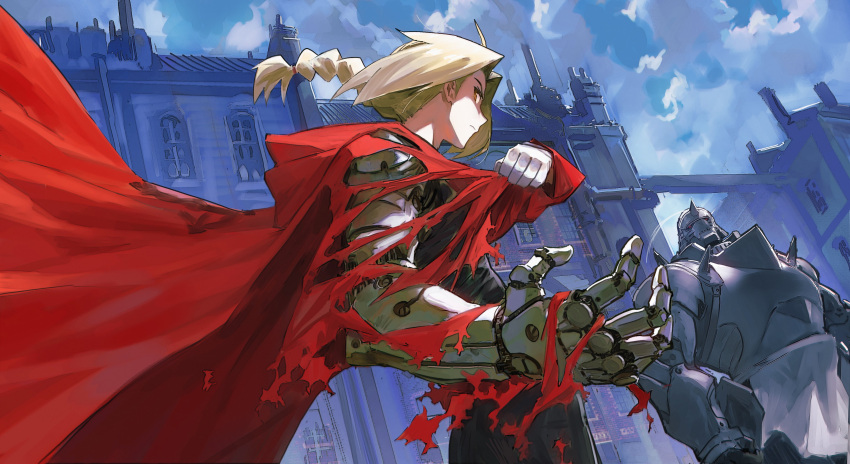 1boy 1other absurdres ahoge alphonse_elric armor automail blonde_hair brick building chimney cloud cloudy_sky coat commentary_request edward_elric full_armor fullmetal_alchemist gloves hair_tie highres letro long_hair looking_back male_focus mechanical_arms outdoors ponytail prosthesis red_coat red_eyes screw single_glove single_mechanical_arm sky spikes torn torn_clothes white_gloves