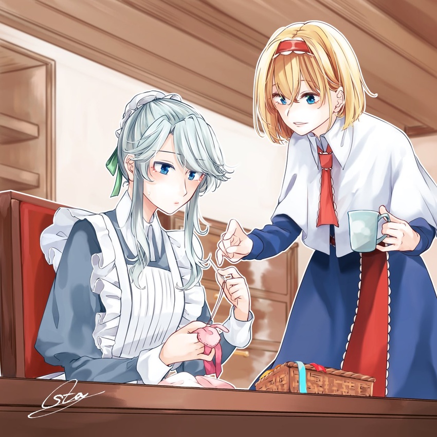 2girls alice_margatroid apron bad_id bad_twitter_id blonde_hair blue_dress blue_eyes blush bun_cover capelet chair commentary_request cowboy_shot cup dress green_ribbons grey_hair hair_bun hair_ribbon hairband highres holding holding_cup indoors izayoi_sakuya juliet_sleeves lolita_hairband long_sleeves looking_at_another maid maid_apron mug multiple_girls necktie needle outline parted_lips puffy_sleeves red_hairband red_necktie ribbon sewing sewing_needle shelf short_hair sidelocks signature single_hair_bun smile souta_(karasu_no_ouchi) standing swept_bangs touhou upper_body white_apron white_capelet white_outline