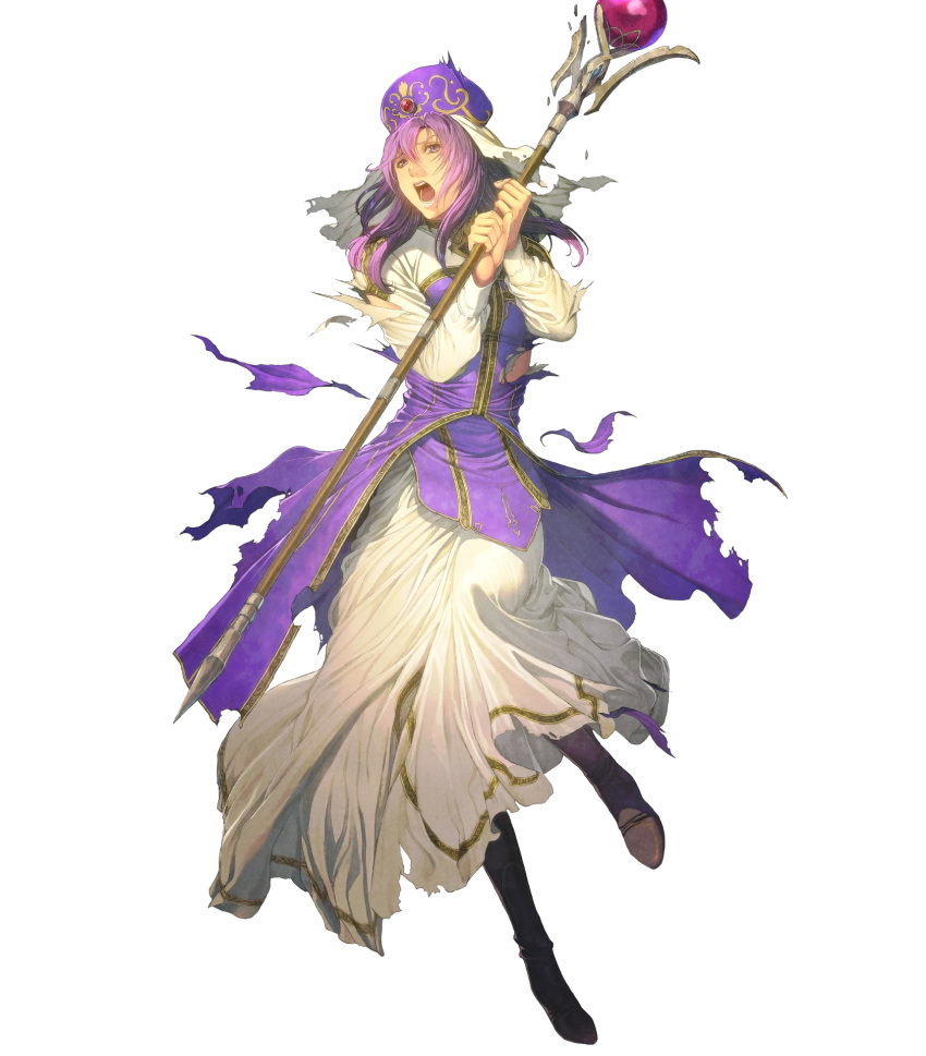 boots broken_staff dress eremiya_(fire_emblem) female fingernails fire_emblem fire_emblem:_new_mystery_of_the_emblem fire_emblem_heroes full_body hat highres holding holding_staff homare_(fool's_art) leg_up long_dress long_hair long_skirt long_sleeves non-web_source official_art open_mouth purple_eyes purple_hair purple_hat purple_lips skirt solo staff torn_clothes torn_dress transparent_background