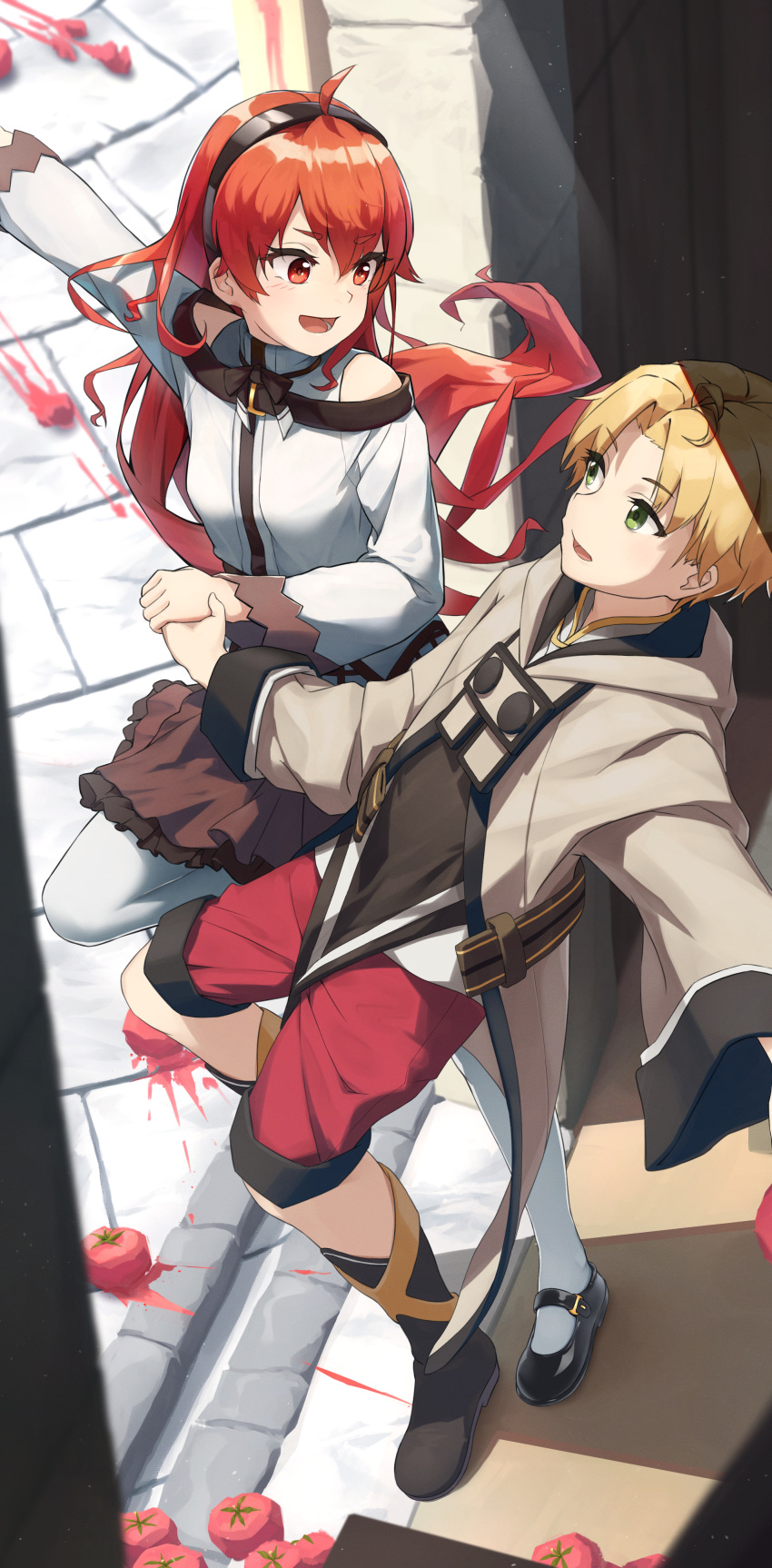 1boy absurdres ahoge bare_shoulders eris_greyrat female grey_robe highres holding_hands hooded_robe jacket long_sleeves mushoku_tensei off-shoulder_shirt off_shoulder red_shorts red_skirt robe rudeus_greyrat shirt shorts skirt stone_floor tomato white_shirt yuyu_guantou_(marky)