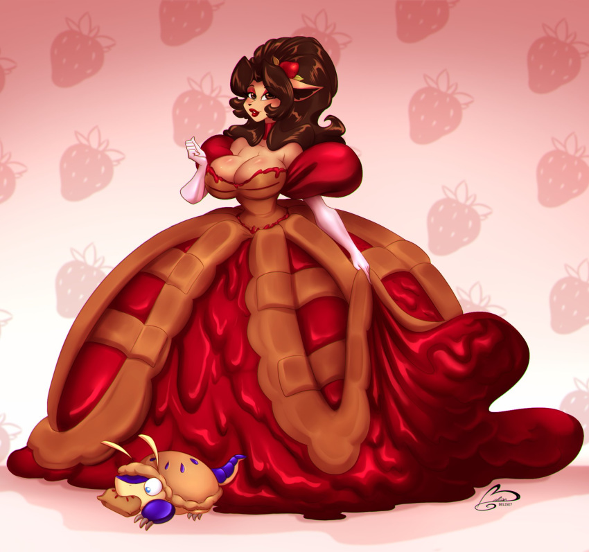 anthro big_breasts breasts brown_clothing brown_dress cleavage clothed clothing dessert dress duo female feral food food_clothing food_creature hi_res mammal ooo-belise-ooo pastry pie red_clothing red_dress signature