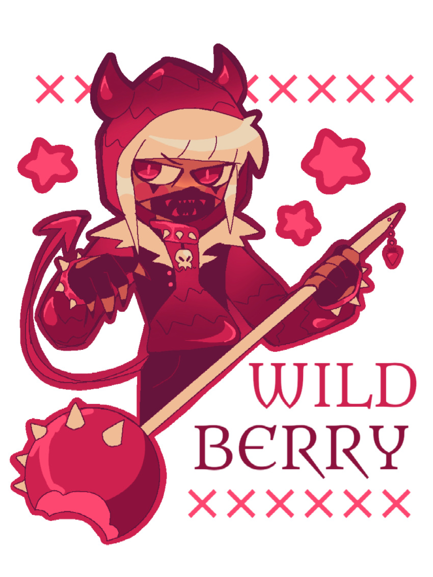 blunt_bangs blush_stickers bracelet candy character_name charm_(object) collar cookie_run dark-skinned_female dark_skin demon_horns demon_tail facial_mark fake_horns female fingerless_gloves fingernails food food-themed_weapon gloves highres holding holding_weapon hood hoodie horned_headwear horns humanization jewelry lollipop long_fingernails long_sleeves looking_to_the_side mask mixtercandy mouth_mask nail_polish narrowed_eyes pink_eyes skull_choker sleeveless sleeveless_jacket solo spiked_bracelet spiked_collar spikes tail v-shaped_eyebrows weapon white_hair wild_strawberry_cookie