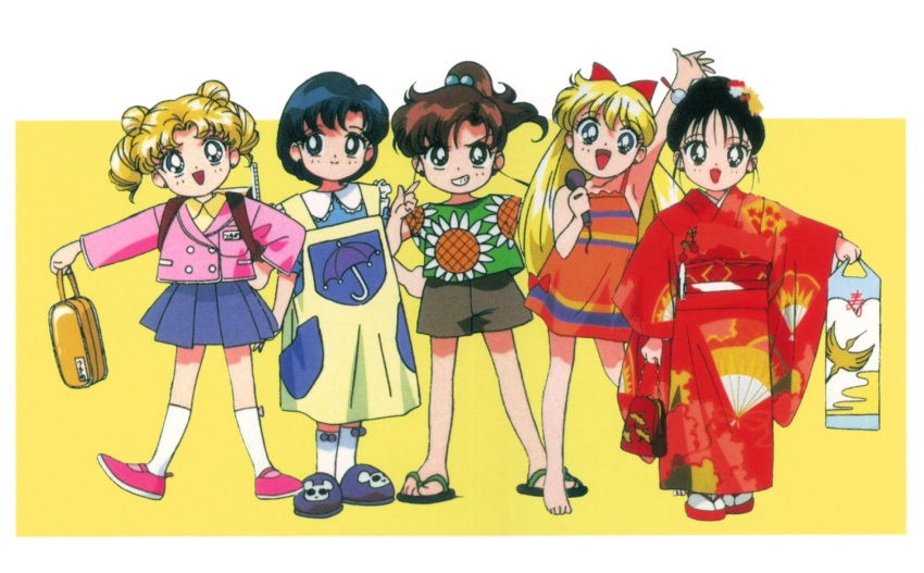 1990s_(style) 5girls :d aged_down aino_minako arm_up barefoot bishoujo_senshi_sailor_moon bishoujo_senshi_sailor_moon_r black_eyes black_hair blonde_hair blue_eyes blue_hair blue_skirt bow briefcase brown_hair casual double_bun dress earrings fan_print floral_print green_eyes grin hair_bobbles hair_bun hair_ornament hairbow highres hino_rei holding holding_briefcase japanese_clothes jewelry kimono kino_makoto lolicon long_hair looking_at_viewer miniskirt mizuno_ami mouse_print multiple_girls non-web_source official_art open_mouth pink_footwear pleated_skirt retro_artstyle sandals scan short_hair shorts skirt slippers smile standing stud_earrings sundress tadano_kazuko tsukino_usagi twintails umbrella_print updo wide_sleeves