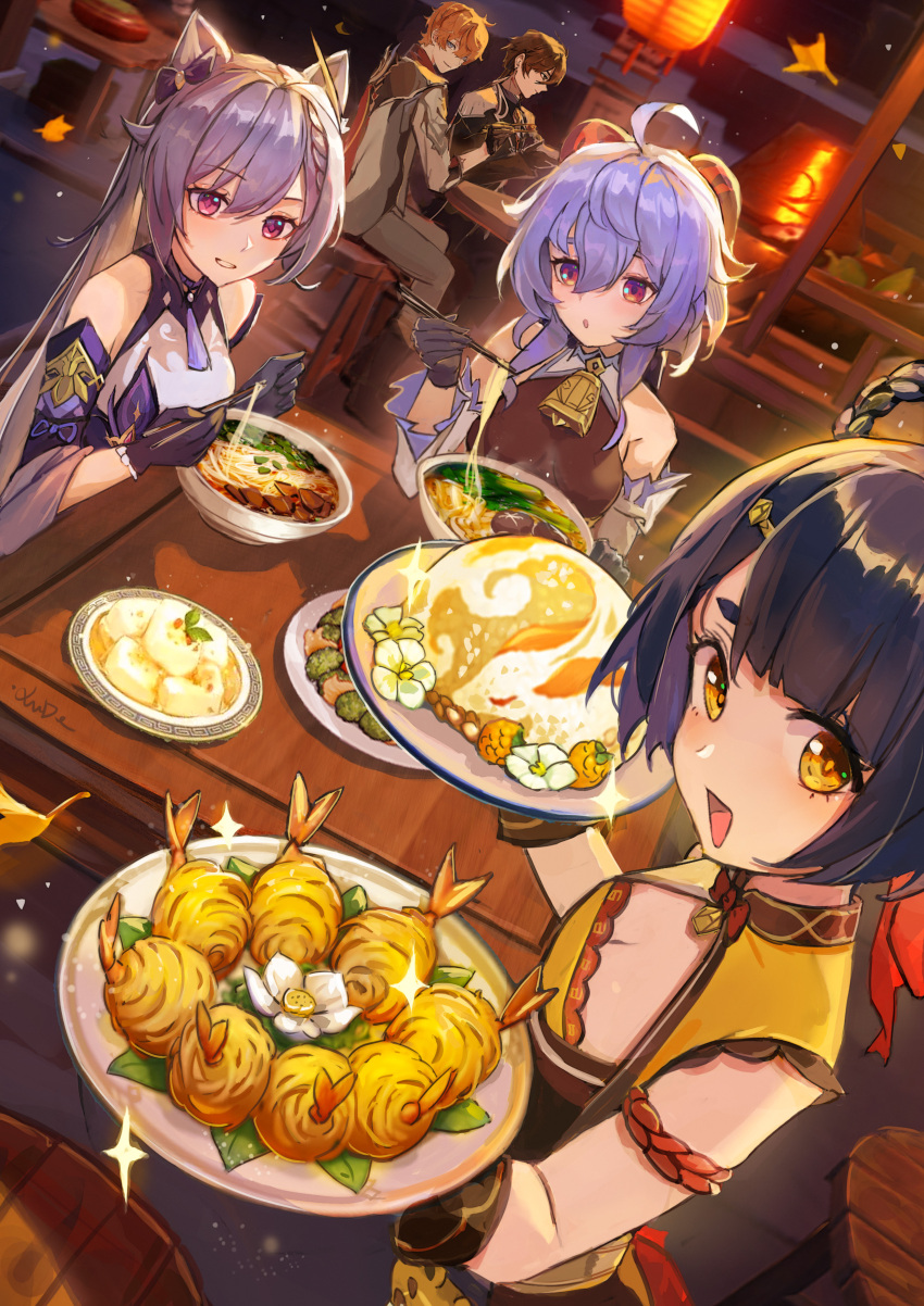 2boys 3girls absurdres ahoge almond_tofu_(genshin_impact) bad_id bad_twitter_id bare_shoulders bell black_gloves black_hair blue_hair blush breasts brown_hair chopsticks cleavage detached_sleeves dress flower food formal ganyu_(genshin_impact) genshin_impact gloves golden_shrimp_balls_(genshin_impact) highres horns keqing_(genshin_impact) lantern long_hair looking_at_another looking_at_viewer looking_to_the_side multiple_boys multiple_girls neck_bell noodles open_mouth outdoors paper_lantern prosperous_peace_(genshin_impact) purple_dress purple_eyes purple_hair qingxin_flower sidelocks smile sparkle suit table tartaglia_(genshin_impact) upper_body white_flower xiangling_(genshin_impact) xude yellow_eyes zhongli_(genshin_impact)