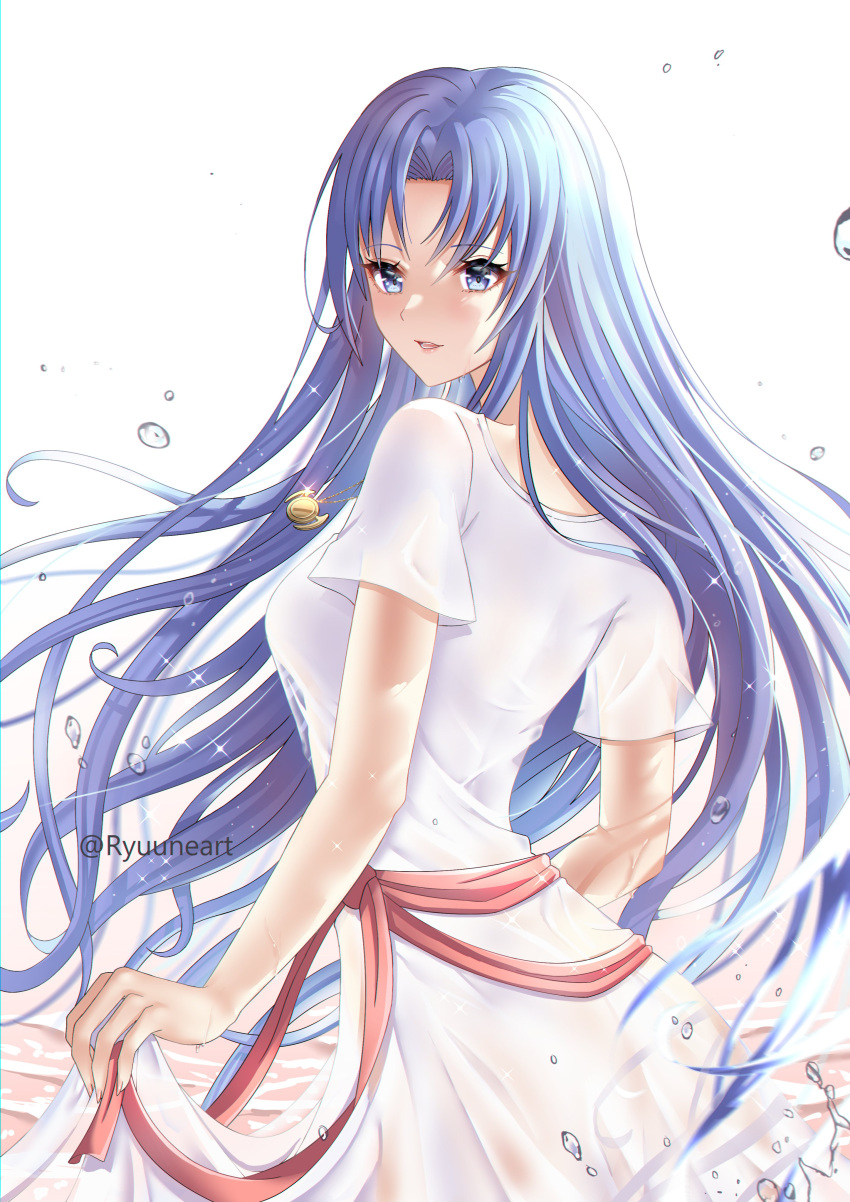 absurdres ancient_ys_vanished blue_eyes blue_hair dress feena_(ys) female floating_hair from_side hair_between_eyes hair_intakes highres long_hair open_mouth ryuuneart see-through_silhouette short_sleeves simple_background skirt_hold solo standing sundress twitter_username very_long_hair white_background white_dress ys