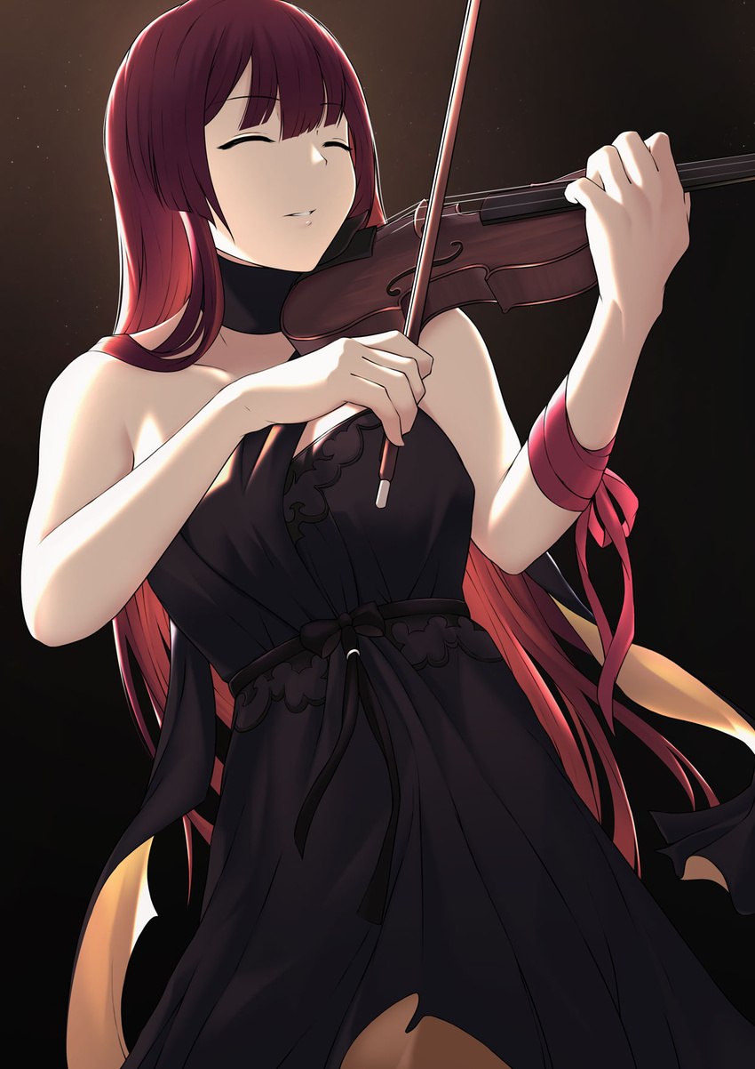 alternate_costume bare_shoulders bbk_(13zk) black_dress breasts choker closed_eyes cowboy_shot dress female girls'_frontline gradient_background highres holding holding_instrument holding_violin instrument light_particles long_hair music official_alternate_costume parted_lips playing_instrument purple_hair red_ribbon ribbon simple_background solo violin wa2000_(ballroom_interlude)_(girls'_frontline) wa2000_(girls'_frontline) wrist_ribbon