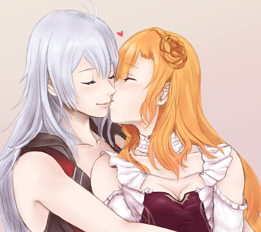 2girls arnas_(yoru_no_nai_kuni) blonde_hair blush braid braided_bun breasts cleavage closed_eyes collarbone commentary couple hair_bun happy hug kissing large_breasts long_hair lyuritis_(yoru_no_nai_kuni) multiple_girls neck simple_background smile very_long_hair white_hair yinabyna yoru_no_nai_kuni yoru_no_nai_kuni_2 yuri