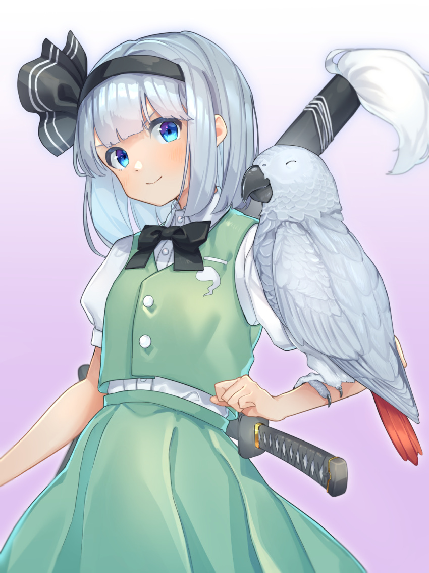 african_grey_parrot animal animal_on_arm bird bird_on_arm black_bow black_bowtie black_hairband black_ribbon blue_eyes blush bob_cut bow bowtie buttons commentary cowboy_shot female gradient_background green_skirt grey_hair hair_ribbon hairband highres hitodama_print katana konpaku_youmu looking_at_viewer parrot puffy_sleeves pun purple_background ribbon scabbard sheath sheathed shirt short_hair short_sleeves sidelocks simple_background skirt skirt_set smile solo sword touhou v-shaped_eyebrows vest wakizashi wankosoba_(wanwan_soba) weapon white_background white_shirt