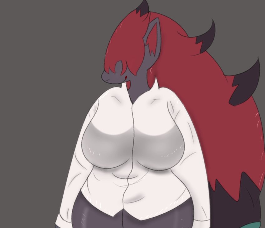 absurd_res anthro big_breasts bottomless breasts canid canine clothed clothing female front_view fur generation_5_pokemon grey_body grey_fur hair hair_over_eye hi_res huge_breasts mammal miyang_draws! nintendo one_eye_obstructed onesie pokemon pokemon_(species) red_hair shirt simple_background smile solo topwear white_clothing white_shirt white_topwear zoroark