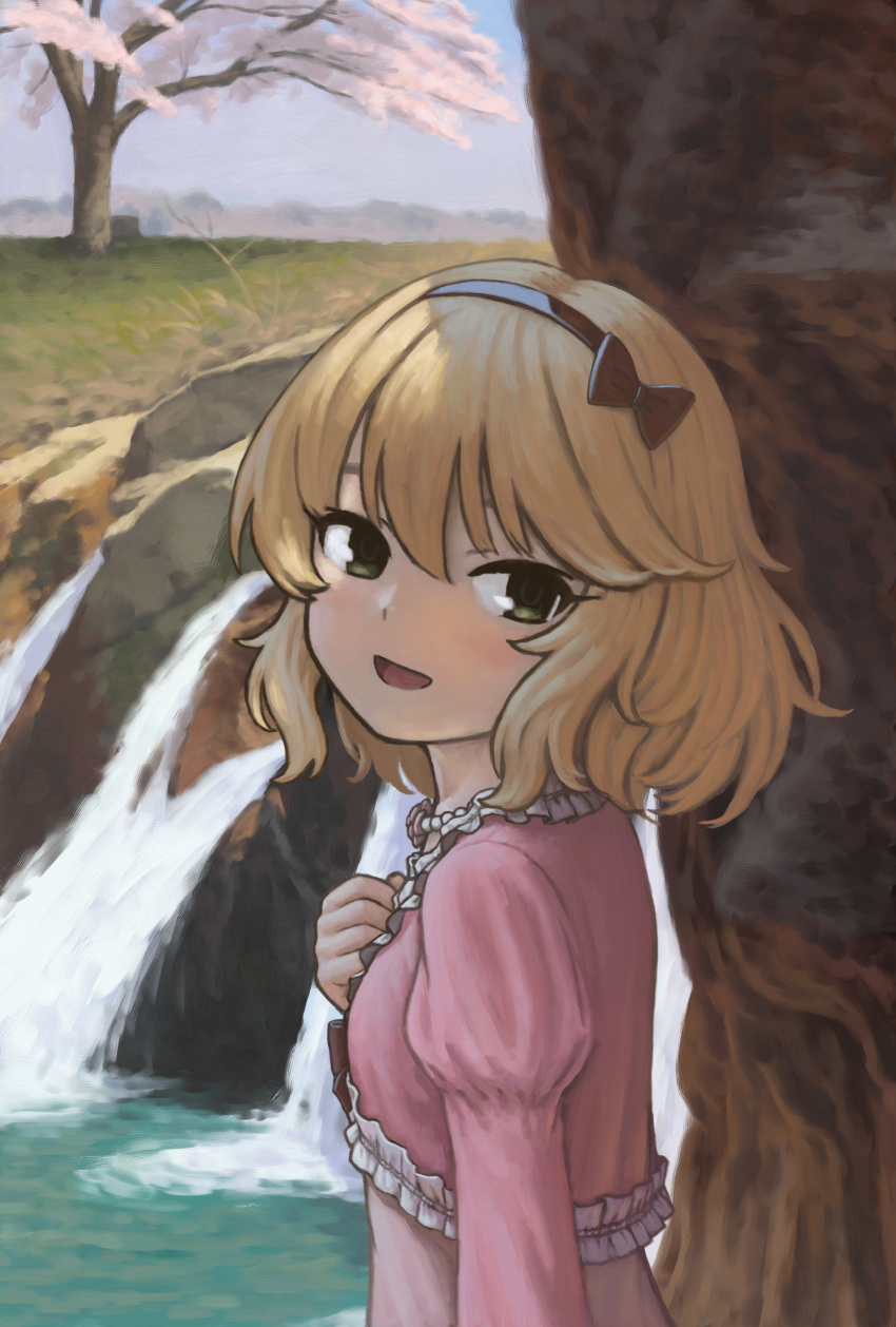 absurdres asagi_noko blonde_hair blush commentary_request dress female frilled_dress frills green_eyes hairband hand_on_own_chest highres idolmaster idolmaster_cinderella_girls looking_at_viewer open_mouth outdoors pink_dress sakurai_momoka short_hair smile solo tree upper_body water waterfall wavy_hair