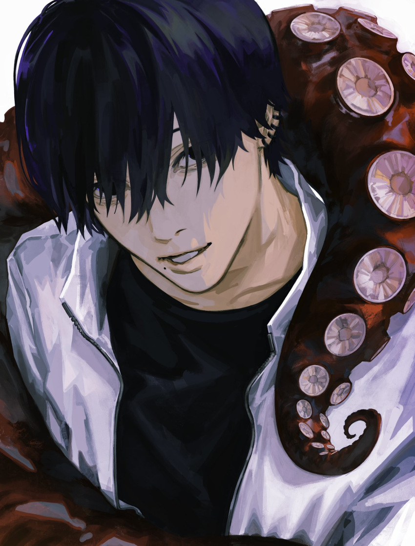 1boy black_hair black_shirt chainsaw_man ear_piercing hair_between_eyes hair_over_eyes highres jacket looking_at_viewer male_focus mole mole_under_mouth multiple_piercings octopus octopus_devil_(chainsaw_man) piercing seki_(fyfyfy) shirt short_hair simple_background solo teeth tentacle tentacle_grab white_background white_jacket yoshida_hirofumi