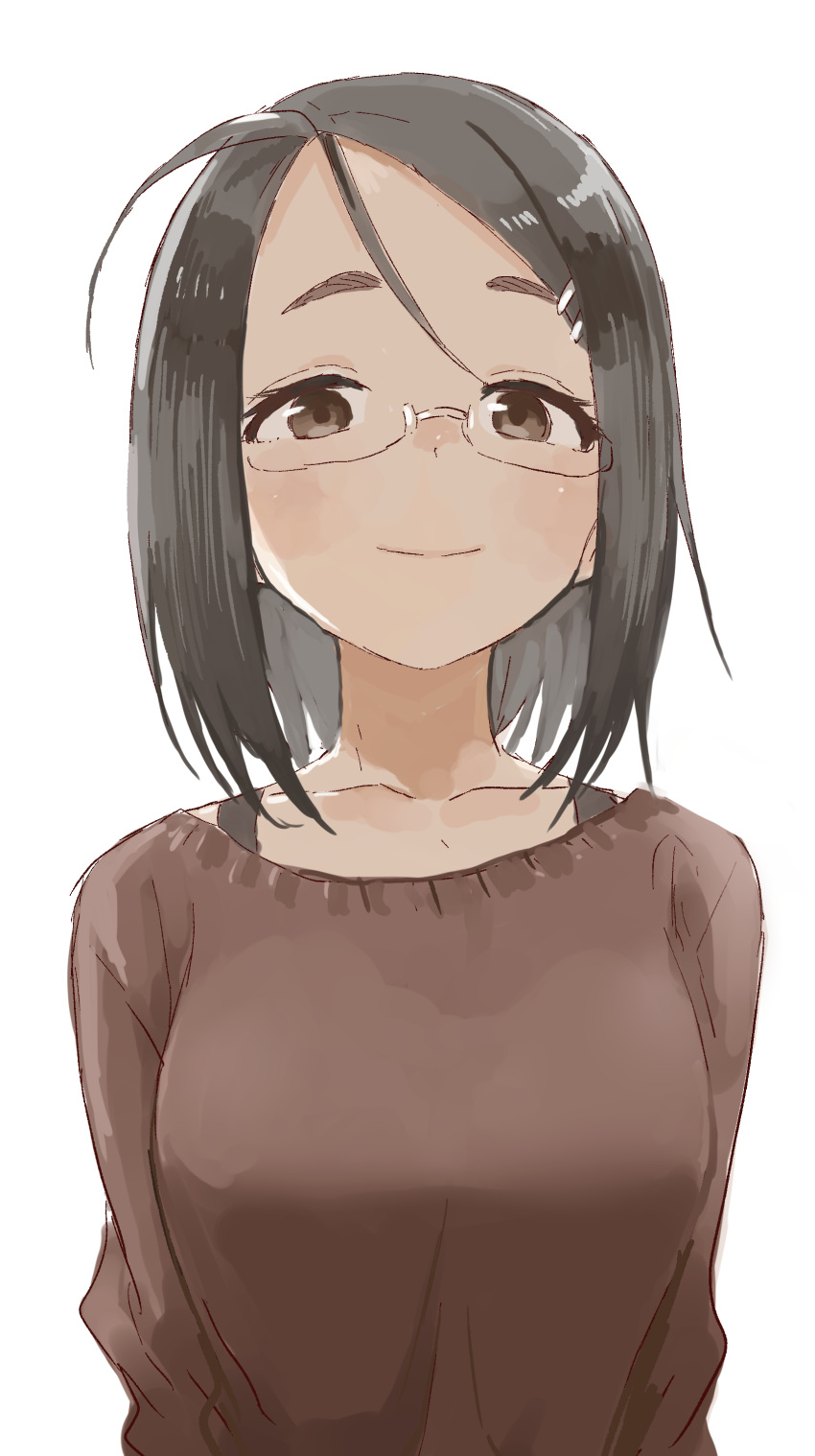 absurdres black_hair brown_eyes brown_sweater closed_mouth collarbone female fudatsuki_no_kyouko-chan glasses hair_ornament hairclip hibino_haruka highres jaggy_lines long_sleeves looking_at_viewer short_hair simple_background smile solo sweater white_background yamamoto_souichirou