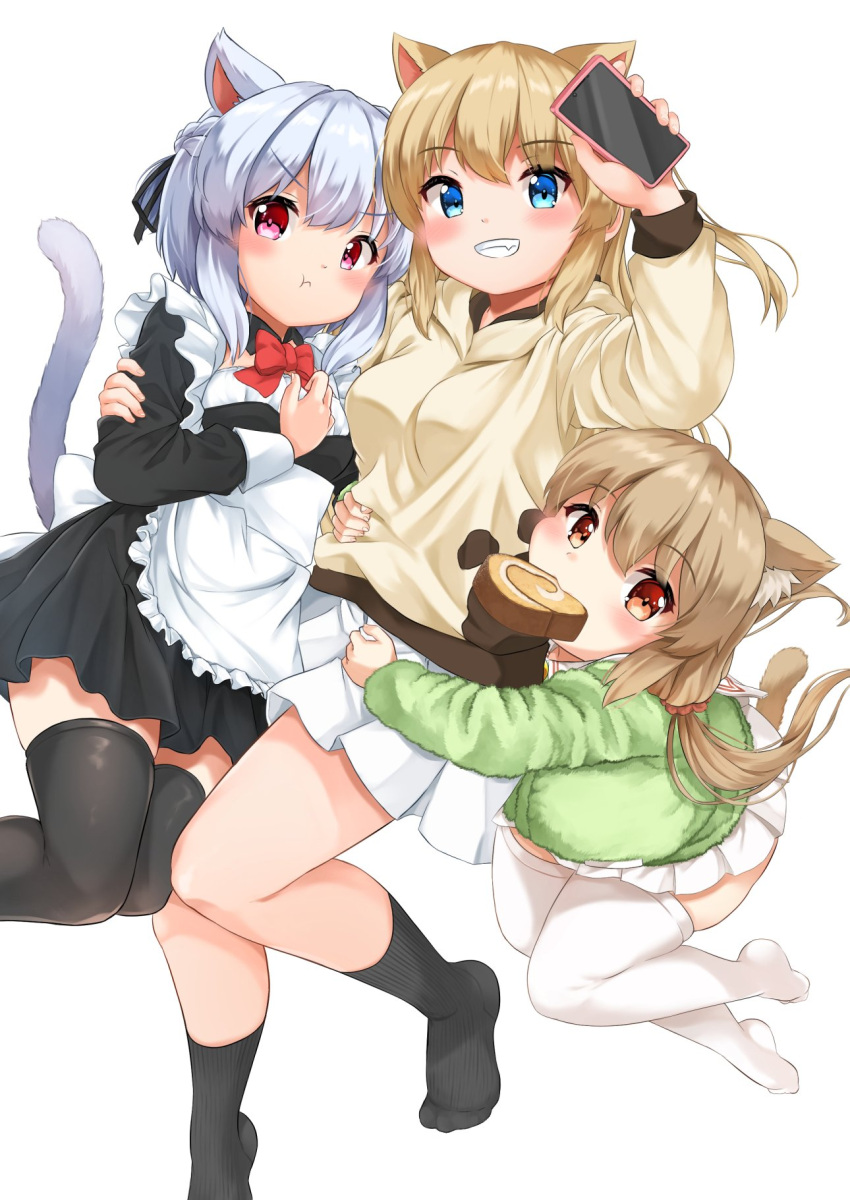 3girls animal_ear_fluff animal_ears apron blue_eyes blush breasts brown_eyes cat_girl cellphone closed_mouth commentary_request dot_nose food_in_mouth foot_out_of_frame grey_hair hair_between_eyes hair_ornament hair_scrunchie highres hiyori-chan holding koruri-chan_(sora) light_brown_hair long_hair long_sleeves looking_at_viewer low_twintails mouth_hold multiple_girls open_mouth original phone pink_eyes pleated_skirt scrunchie simple_background skirt smartphone sora_(silent_square) tail thick_thighs thighhighs thighs tsugumi-chan_(sora) twintails waist_apron white_background white_thighhighs zettai_ryouiki