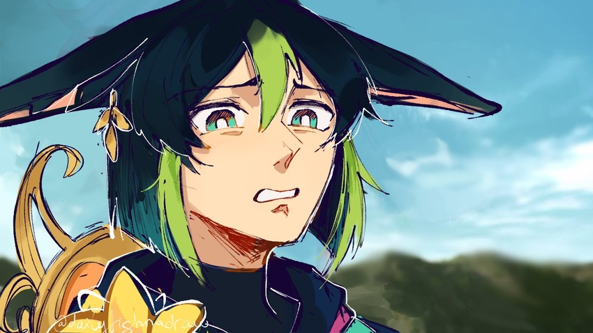 1boy animal_ear_fluff animal_ears black_hair blunt_ends bob_cut disgust earrings erabu_san flower fox_boy fox_ears genshin_impact green_eyes green_hair jewelry leaf_earrings looking_at_viewer male_focus meme mountainous_horizon multicolored_hair parody short_hair single_earring streaked_hair tanjirou_disgusted_face_(meme) tighnari_(genshin_impact) yellow_flower