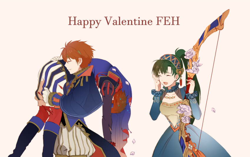 2boys :d alternate_costume blue_cape blue_capelet blue_dress blue_hairband blue_headband blue_shirt bow_(weapon) brown_headband cape capelet carrying_over_shoulder closed_eyes copyright_name dress eliwood_(fire_emblem) eliwood_(valentine)_(fire_emblem) father_and_son female fire_emblem fire_emblem:_the_binding_blade fire_emblem_heroes green_hair hairband happy_valentine headband holding holding_bow_(weapon) holding_weapon long_dress long_hair lyn_(fire_emblem) lyn_(valentine)_(fire_emblem) multiple_boys open_mouth petals ponytail red_hair roy_(fire_emblem) roy_(valentine)_(fire_emblem) shirt shoochiku_bai shorts smile striped_clothes striped_shorts sweatdrop weapon