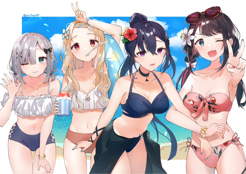 4girls alternate_hairstyle arm_up bandeau bare_shoulders bikini blonde_hair blue_bikini bow bracelet braid breasts choker cleavage closed_mouth collared_shirt cowboy_shot eyewear_on_head food frilled_bikini frills green_eyes hair_ornament hairbow halterneck hand_up hikari_yui ichinose_uruha innertube jewelry kaga_nazuna kaga_sumire kogara_toto locked_arms long_hair low_twintails lupinus_virtual_games medium_breasts mismatched_bikini mouth_hold multiple_girls navel one_eye_closed open_mouth outstretched_arm pink_bikini ponytail purple_eyes red_eyes sarong scrunchie shaved_ice shirt sidelocks small_breasts smile spoon sunglasses swim_ring swimsuit twintails twitter_username v virtual_youtuber vspo! wrist_scrunchie x_hair_ornament